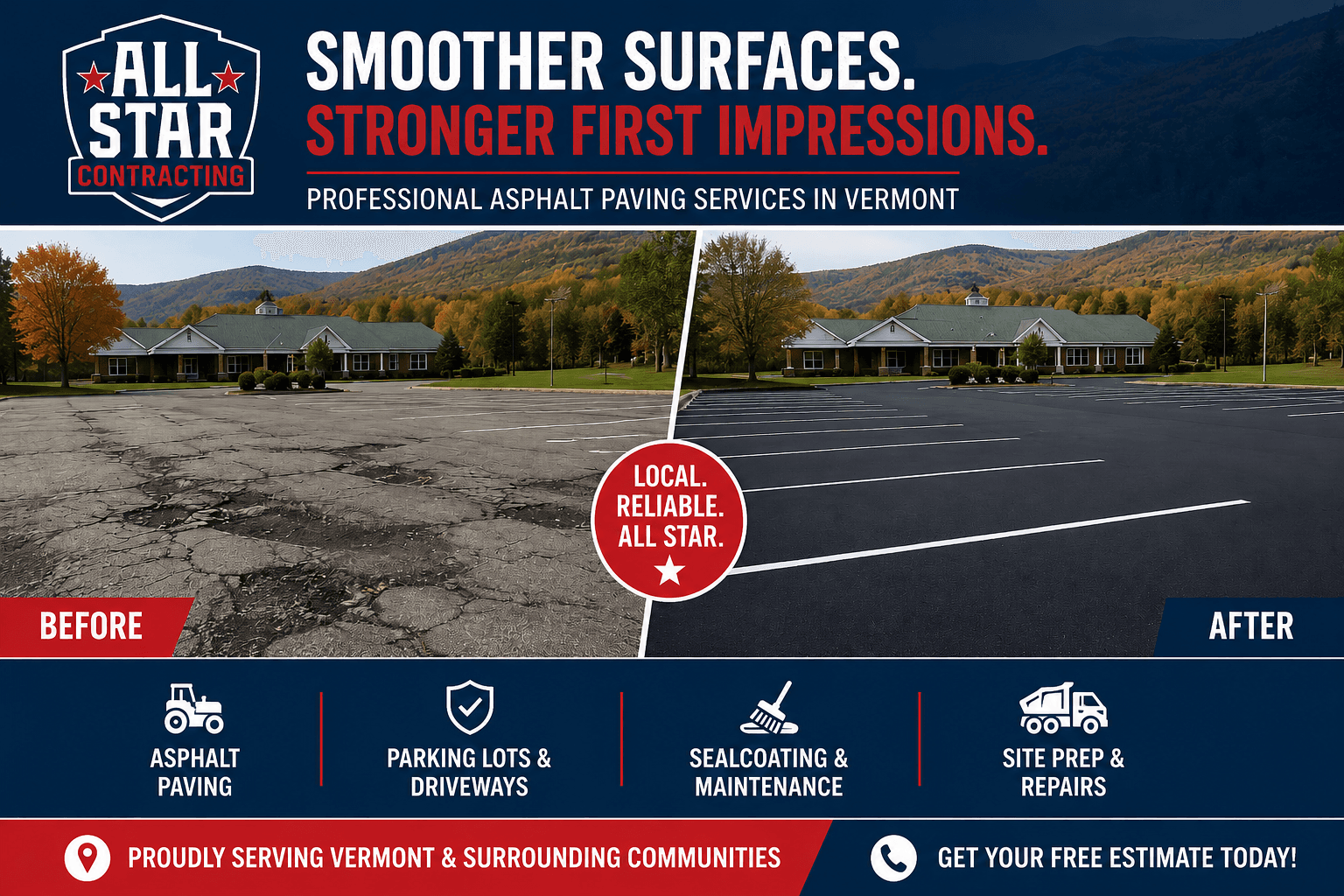 Before and after asphalt paving — cracked parking lot restored with professional sealcoating by All-Star Contracting